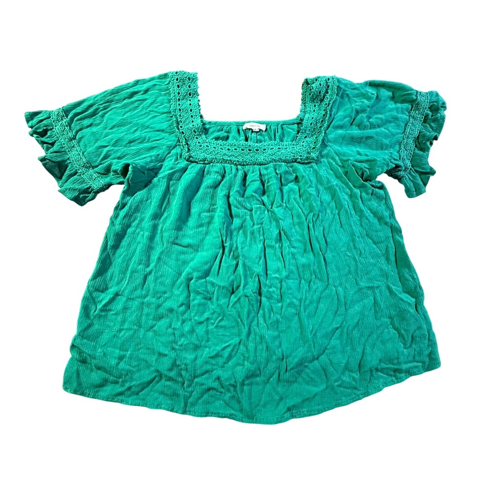 Maurice's Green Square‎ Neck Crochet Trim Short Sleeve Top XS